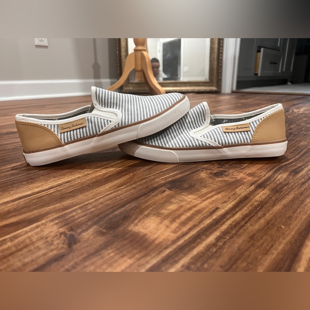 Tommy Bahama Gray and Tan Striped Slip-On Sneakers